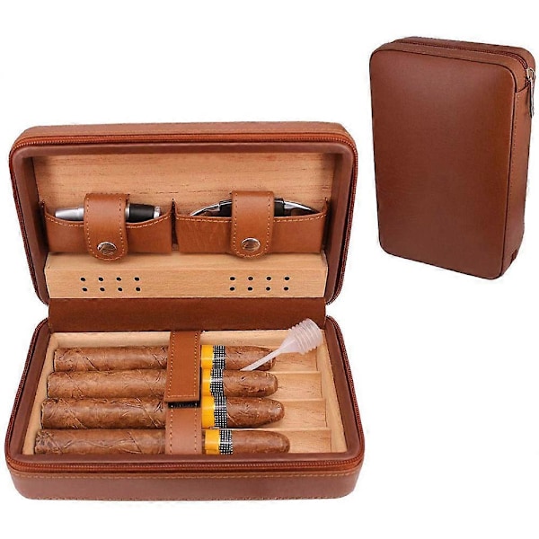 Läder Resecigarr Humidorfodral, Bärbar Cedarträ, 4 Cigarrer