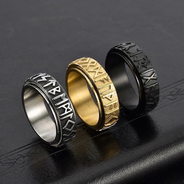 Nordisk Vikinge-tekst Ring i rustfrit stål, der kan drejes, Retro Sort Moderigtig Herre Ring black No. 8