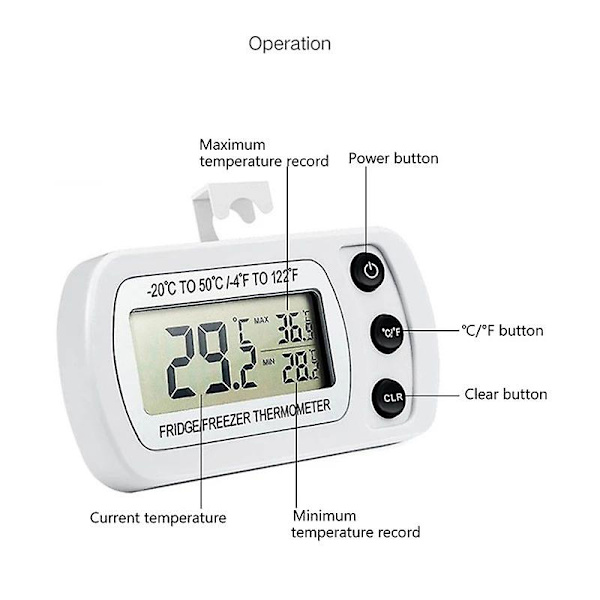 Vanntett Kjøleskap Termometer, Digital Fryser Rom Termometer, Maks/Min Registreringsfunksjon Stor LCD Skjerm Og Magnetisk Bakside For Kjøkken,
