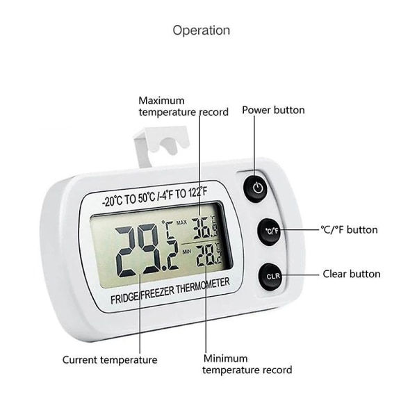 Vattentät kylskåpstermometer, digital frysrumstermometer, max/min-registreringsfunktion stor LCD-skärm och magnetisk baksida för kök,