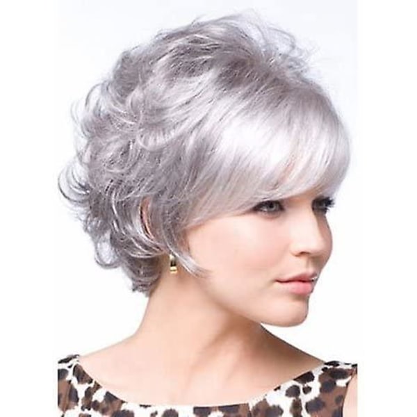 Korta grå peruker för vita kvinnor Naturliga lockiga korta grå nisseskurna peruker med vit lugg Syntet hår Silver peruker för äldre dam