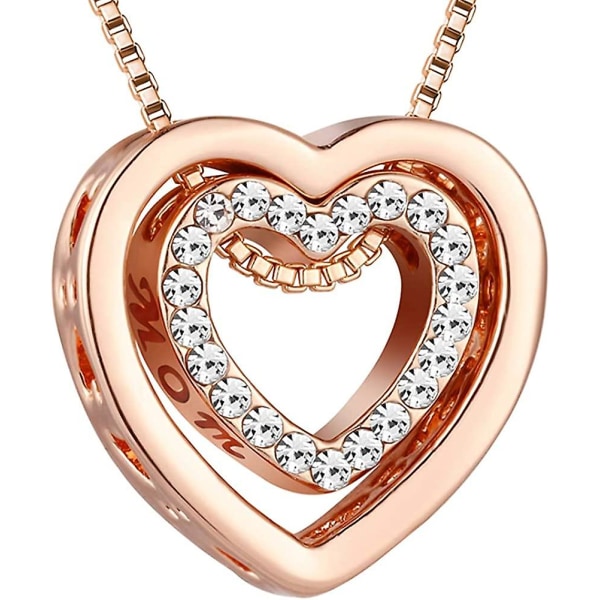 Halsband med hjärta för kvinnor, roséguld, silver, dubbelt hjärthänge med kristaller, dekorerad, graverad "I Love U", presentask (mamma, I Love U)