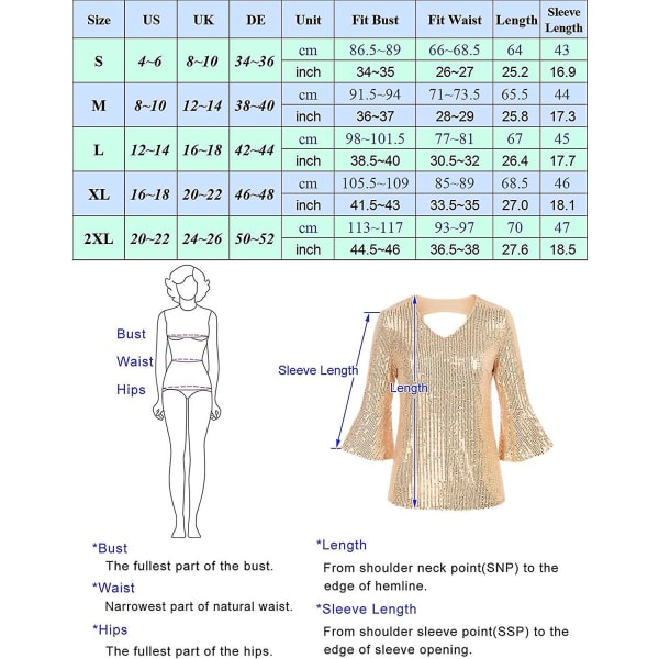 Dame Glitrende Glitter Paillet Tank Top T-shirt 3/4 Pufærme V-hals Bluse Top Silver White M