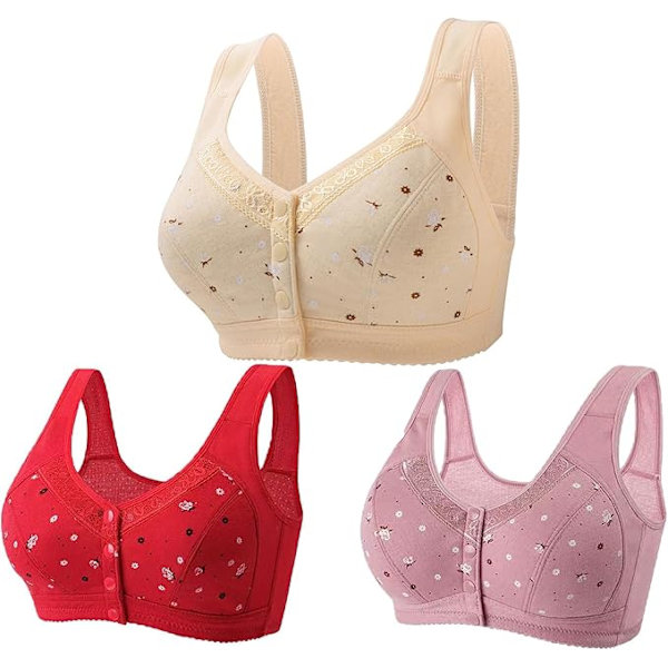 3-pack Sportbehåar med Framknäppning för Kvinnor - UK Rea - Trådlös Stöd, Fullt Täckande, Push-Up, Bekväma Breda Band, Vardag A0803 A6 Red L