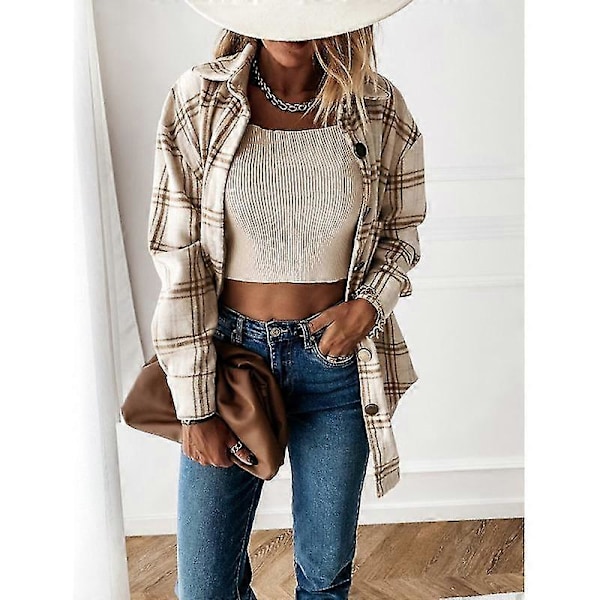 Dame Tøjternet Shacket Jakke Langærmet Knap Flannel Skjorter Apricot XL