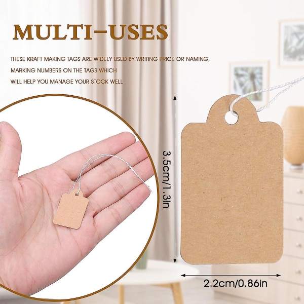 500 stk. prislapper med snor, merkelapper Kraft prislapper Skrivbare Kraft blanke prislapper Displaylapper med elastisk opphengssnor