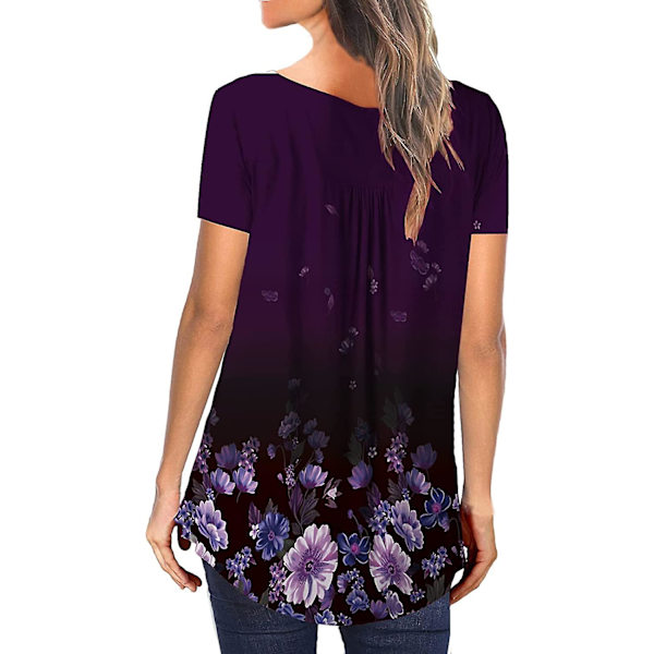 Dame Tunika Topper Ensfarget Plissert V-hals Knapper Bluse Blomstertrykte Damer Blackgold M