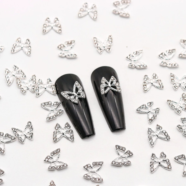 30 st 3d Butterfly Nail Charms För Akryl Naglar Silver 3D Butterfly For Nails Ihålig fjäril Med Strass Dubbade Nageldekorationer För Nail Art