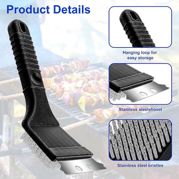 Grillbørste, Grillrensebørste, Grillbørste i rustfritt stål med skrape og langt isolert håndtak for rengjøring av grill 3Pcs