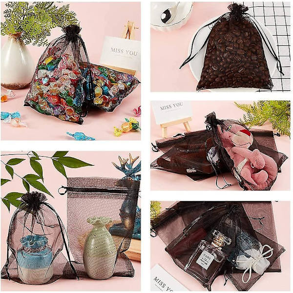 100 kpl 13x18 cm Mustia Organza-kiristysnyörillisiä Pusseja Häälahjoiksi, Lahjapusseja, Korupusseja Halloween-karkkeihin, Syntymäpäiville, Juhliin, Jouluun