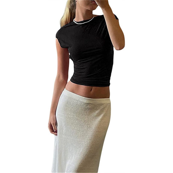 Dame Sexet Top med Udskæring i Ryggen Kortærmet T-shirt Y2k Mode Skjorter Black L