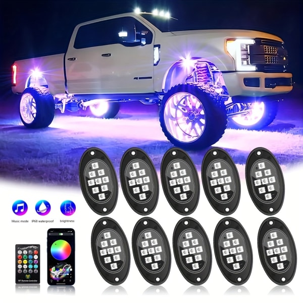 Rock Lights för lastbilar, 4/6/10 Pods RGB LED Rock Lights med APP/fjärrkontroll & musikläge, för pickup Off Road Jeep RZR SUV ATV UTV bil 6 pods