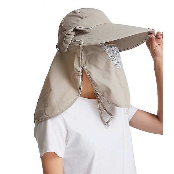 Solhatt for kvinner UPF+50 Avtakbar klaff Bred brem Solskjerm Solbeskyttelse Turhatter Khaki