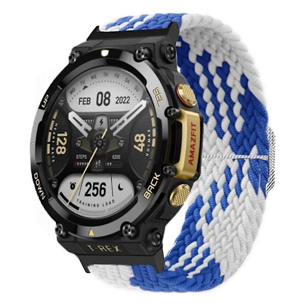 Nylonpunottu säädettävä ranneke Huami Amazfit T-Rex 2 -kelloon Blue  White