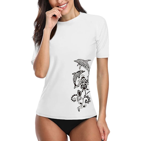 Kvinnors kortärmad skjorta surftopp badkläder sommar simning sport Upf 50+ blommig White XL