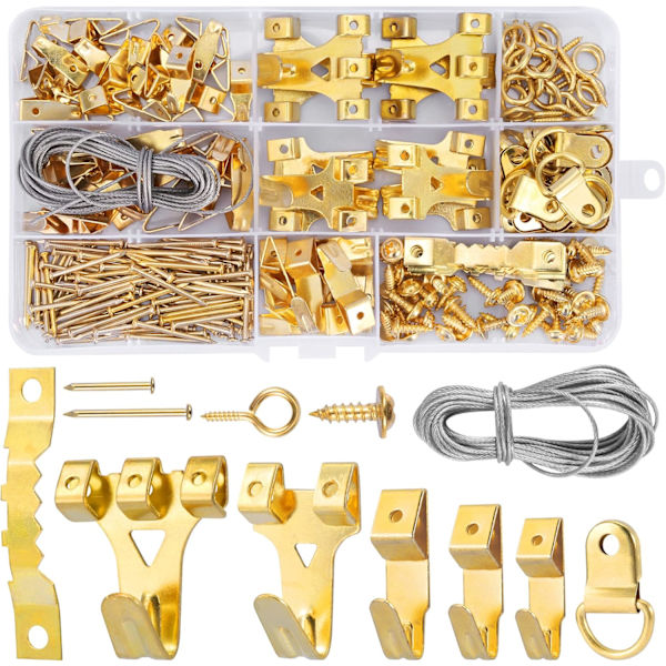 Bildkrokar Bildhängare Set (250 stycken) med Tråd, D-ringar, Ögonskruvar, Gaffelhängare, Stålkrokar & Spikar för Hem Kontor Foto