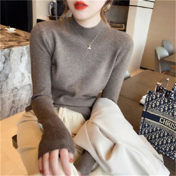 Dame halv turtleneck bundtrøje nyt vestlig stil indre beklædning elegant nålemode Caramel mocha M