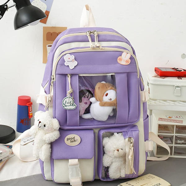 Canvas skolväska combo set, Kawaii tjej student skolväska lila