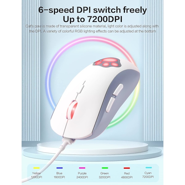 Katt Pot Rgb Gaming Mus, Stille Optisk Datamus Usb Kablet Med 6 Justerbare Dpi Opp Til 7200, Rgb Belysning, 6 Programmerbare Knapper For Windows/vi