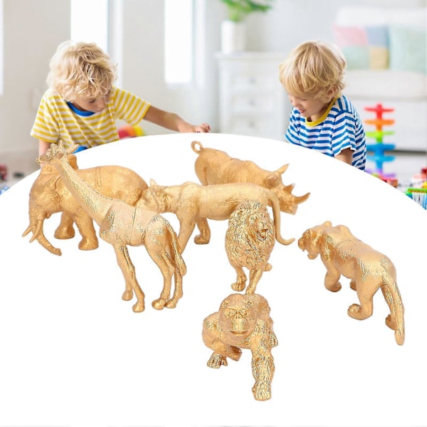7 st Safari Djurfigurer Leksak Guld Färg Vilda Djur Zoo Figurer
