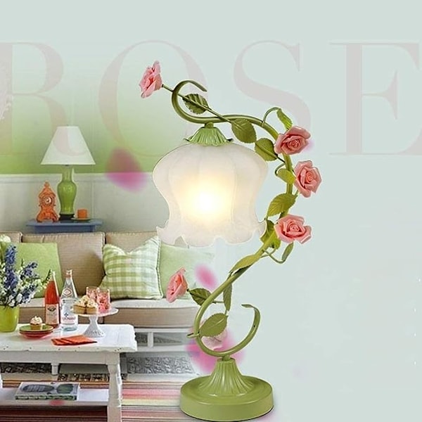 Skrivbordslampa Koreansk stil bordslampa Delikat järnsmide Blomformad frostad glasskärm | Grön metall rotting rosa keramik rosor dekoration