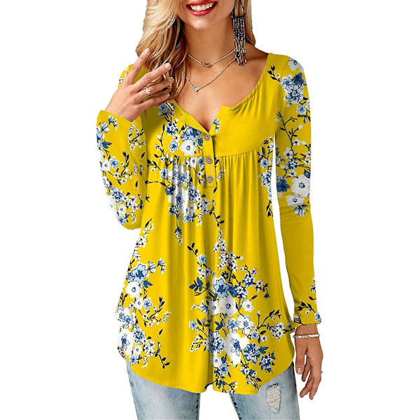 Damtröjor volang lös knapp upp tunika toppar för kvinnor Yellow XXL