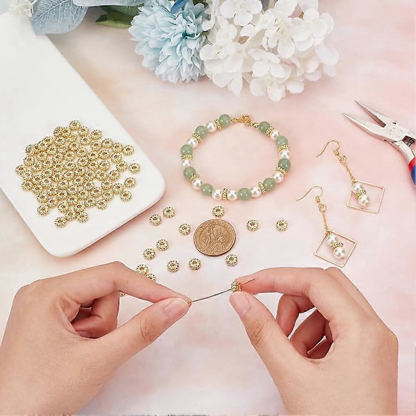 100 st 18K Guldpläterade Distanspärlor Blomma Pärlhatt 8mm Gyllene Lösa Distanspärlor för Armband Halsband Örhänge Smyckestillverkning (Hål: 2mm)