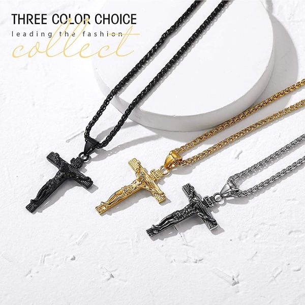 Rostfritt stål kors halsband för män kvinnor, 18k guld svart Jesus krucifix
