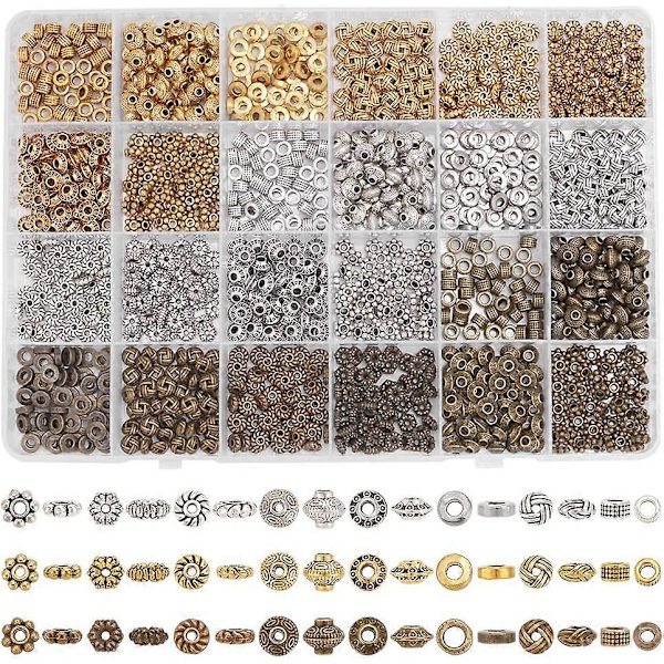 1200 st Metalliska Distanspärlor 24 Stilar Tibetanska Metalllegeringspärlor Bicone Platta Runda Kolonnformade Blommiga Distanspärlor Lösa Pärlor för Armband Halsband Smycken