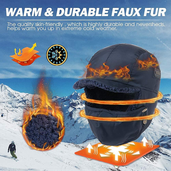Vandtæt Yetsye Vinter Faux Læder Aviator Pilot Hue Øreklap Jagt Trapper Hat Black