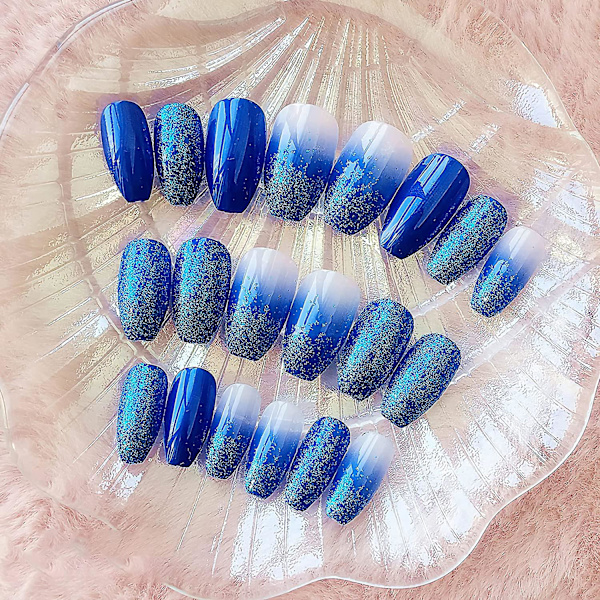 Medium Coffin Press On Nails, Blå Gradient Fake Nails, Glitter Konstgjorda Falska Naglar Med Dubbelsidiga Limflikar För Kvinnor & Flickor (24st)