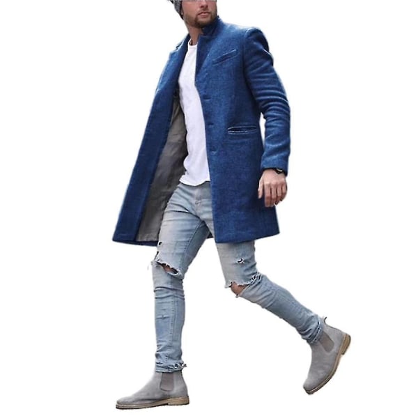 Män Vinter Ull Trench Coat Ytterkläder Casual Formell överrock Långärmad jacka Blue 2XL