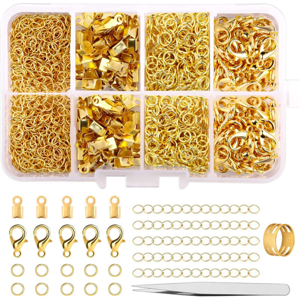 Kedjelås, 300 stycken set innehåller 12 mm hummerlås, 5 mm hoppringar, krympändar och förlängningskedja, smyckeslås gold