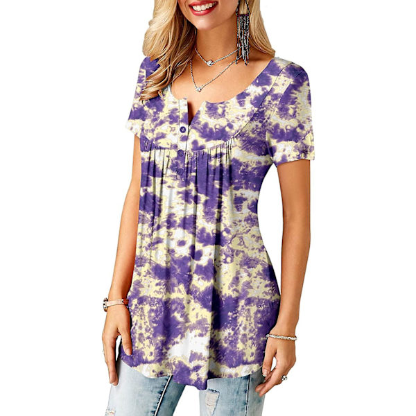Damskjortor Ruffle Loose Button Up Tunika Toppar För Dam Tiedyedpurple M