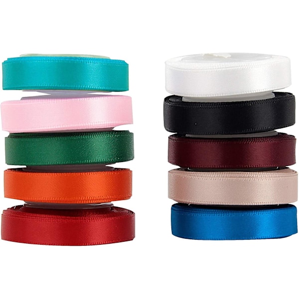 Dubbelsidigt Satängband i Polyester, Enfärgat, 10 Färger, 3/8 tum x 5 Yard Varje, Totalt 50 Yard Per Förpackning, Perfekt för Presentinslagning, Hårsnoddar,