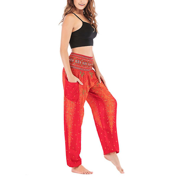 Boho Yoga Bukser til Kvinder - Printede Pilates Bukser med Løs Pasform og Baggy Harem Stil - Perfekt til Strand, Yoga, Dans og Mere Red One Size