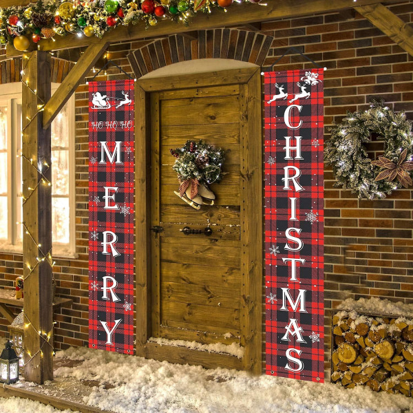 Juldekoration Dörrgardin, God Jul Dekorationer Banner, Jul Veranda Skylt Röd Rutig Hängande Banderoller