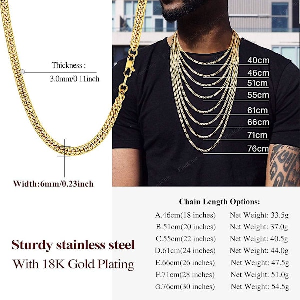Cubansk Ledkæde til Mænd i Rustfrit Stål Hip Hop Smykker 3,5/5/6/9mm Bredde 18 tommer-36 tommer Curb Cubansk Halskæde Gold