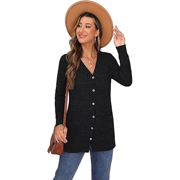 Dame Cardigan Langærmet Åben Front Cardigans Knap Ned V-Hals Ribstrikket Black M