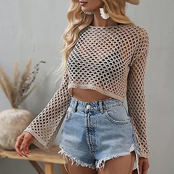 Dame Hul Ud Hæklet Strik Trøje Crop Tops Langærmet Trøje Cropped Style 10 L