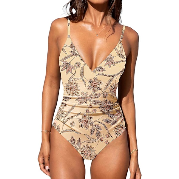 Dame Badedragt Heldragt V-hals Mavekontrol Rynket Front Lav Ryg Light Yellow Print L
