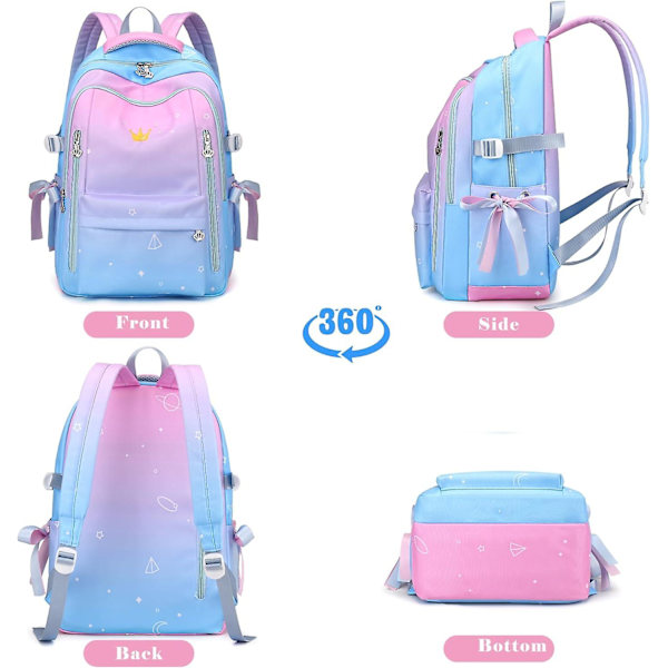 Reppu tytöille, söpö Kawaii koululaukku lasten kevyt kirjalaukku reppu ylä- ja lukioon varkaudenestotaskulla, mustavalkoinen koulureppu