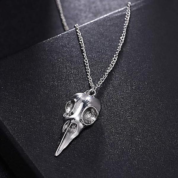 2 st Gothic Kråka Huvud Skalle Hänge Halsband för Kvinnor Män Halloween Halsband Silver+Svart)