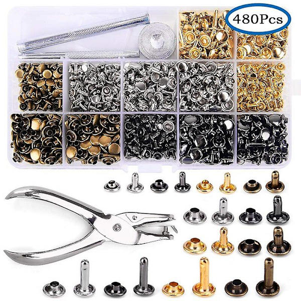 480 st metall dubbla lock nitar dubbar runda nitar för diy läderhantverk väska bälte kläder kläder skor husdjur krage fixverktyg 480pcs with pliers