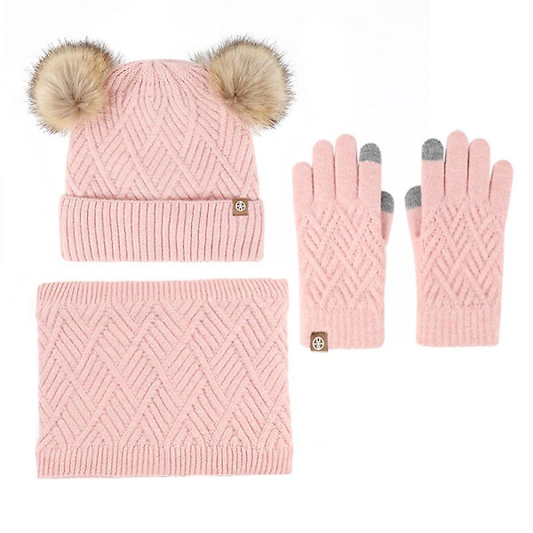 Varm stickad mössa halsduk handskar tredelad set plus fluffiga bollar mössa tredelad set Pink three-piece set