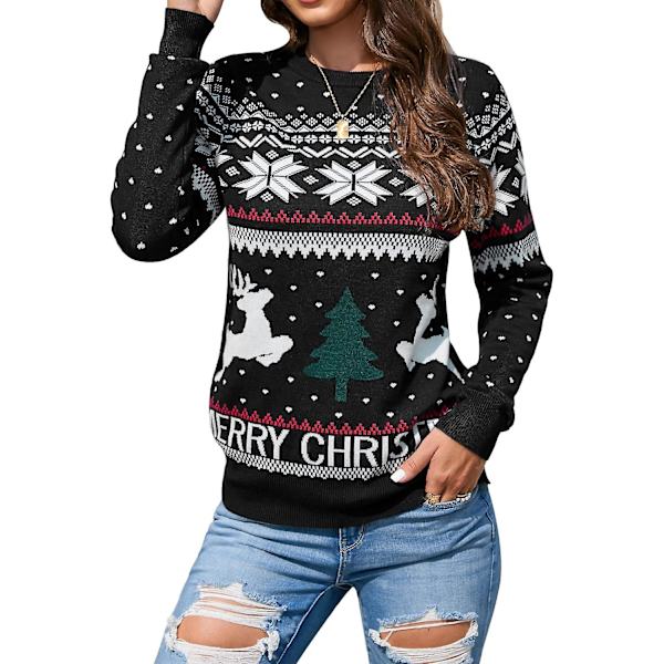 Damjultröja med lång ärm, stickad pullover med julrenmotiv, perfekt för varm julstämning