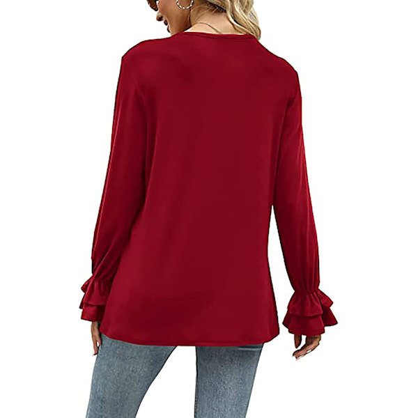Dame Ensfargede Topper Casual V-hals Ruffle 3/4 Bell Erme Bluse Tunika Løs Skjorte Wine Red M