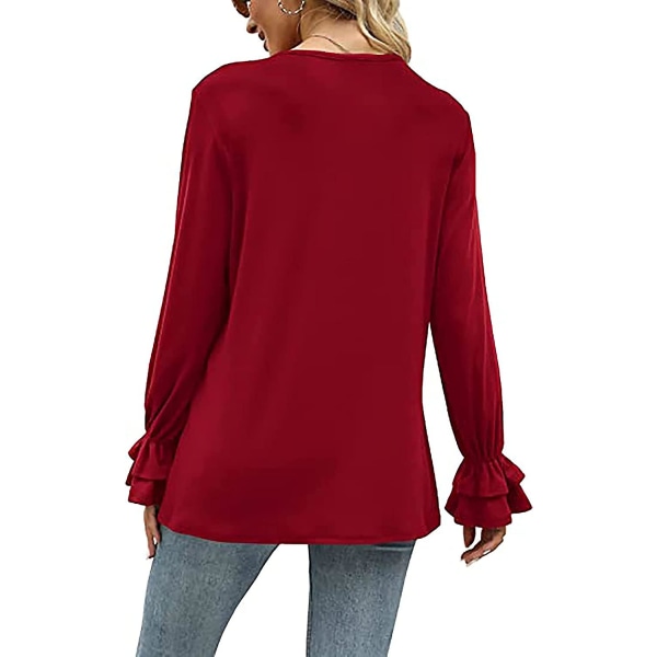 Naisten yksiväriset topit rento V-kaula röyhelö 3/4 kellohiha pusero tunikat löysä paita Wine Red XXL