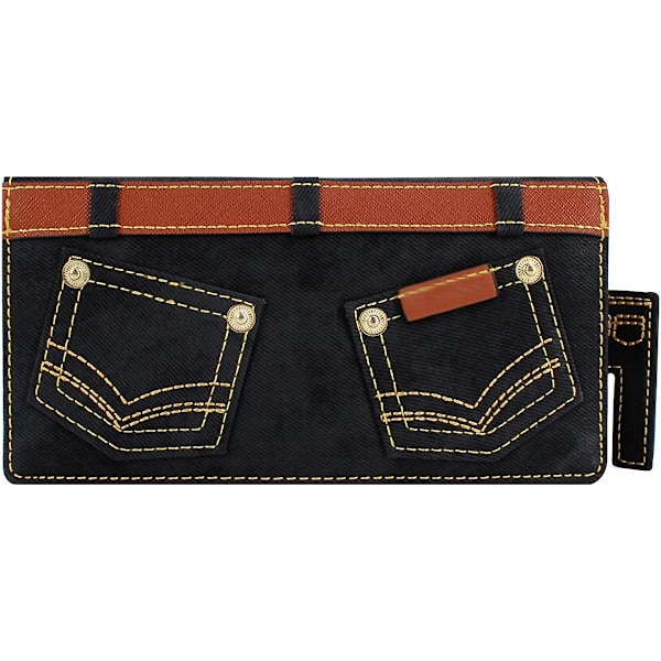 Rebecca Dame Pige PU Læder Lang Lynlås Pung Jeans Print Clutch Pung Kreditkort Holder Sort -