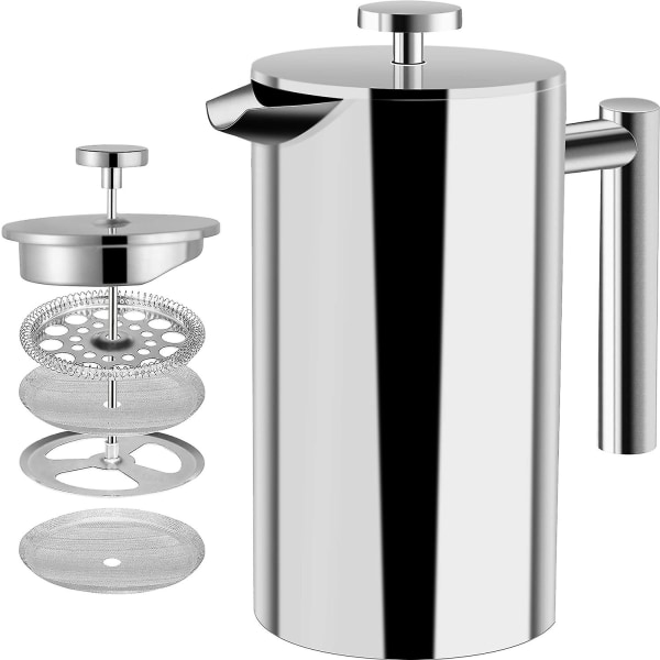 Kaffetillverkare - Dubbelväggigt rostfritt stål - Kaffetillverkare - Fransk kaffepress - Kaffebehållare - Fransk pressystem med rostfritt stålfilter